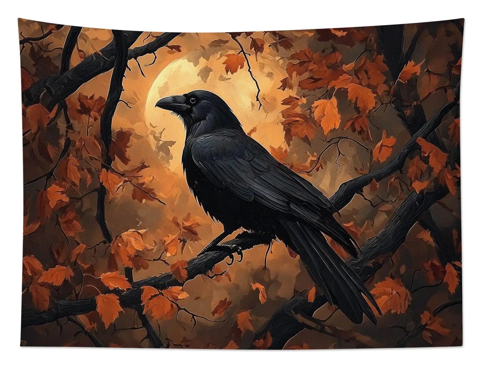 HVEST Fall Halloween Tapestry Wall Hanging Spooky Black Crow on Tree Branch Wall Art Orange Full Moon and Autumn Maple Leaf Tapestry for Bedroom Living Room Dorm Wall Decor, 60L X 80W inches