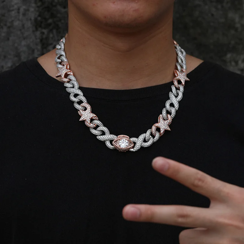 Cross-border hip-hop necklace jewelry two-color eye button head 8-shaped star shape zircon real gold electroplated Cuban chain