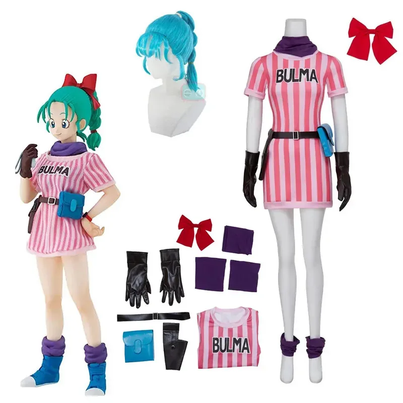 

Anime Bulma Cosplay Costume Pink stripe Dress Women Halloween Carnival Suit Bulma Costume Full Set with Headwear Gloves Belt Bag