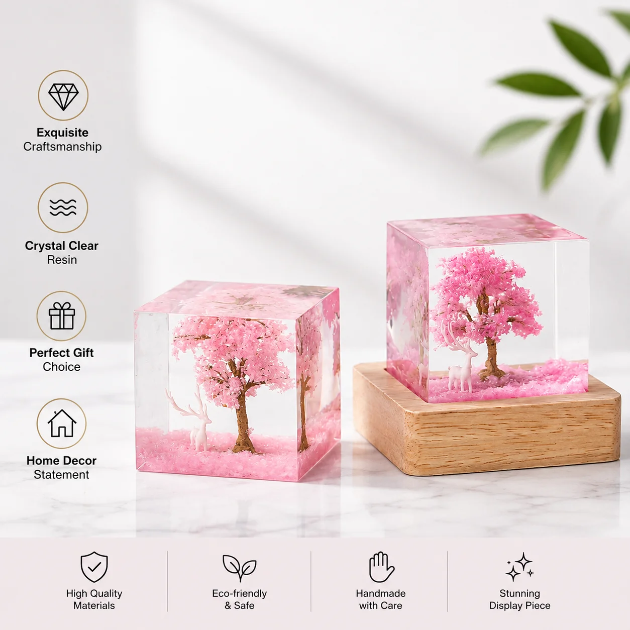 Creative Deer Sakura Tree Resin Art Night Light LED Glow Lamp Sculpture Figurine Statue Desktop Bedroom Ornament Home Decor Gift