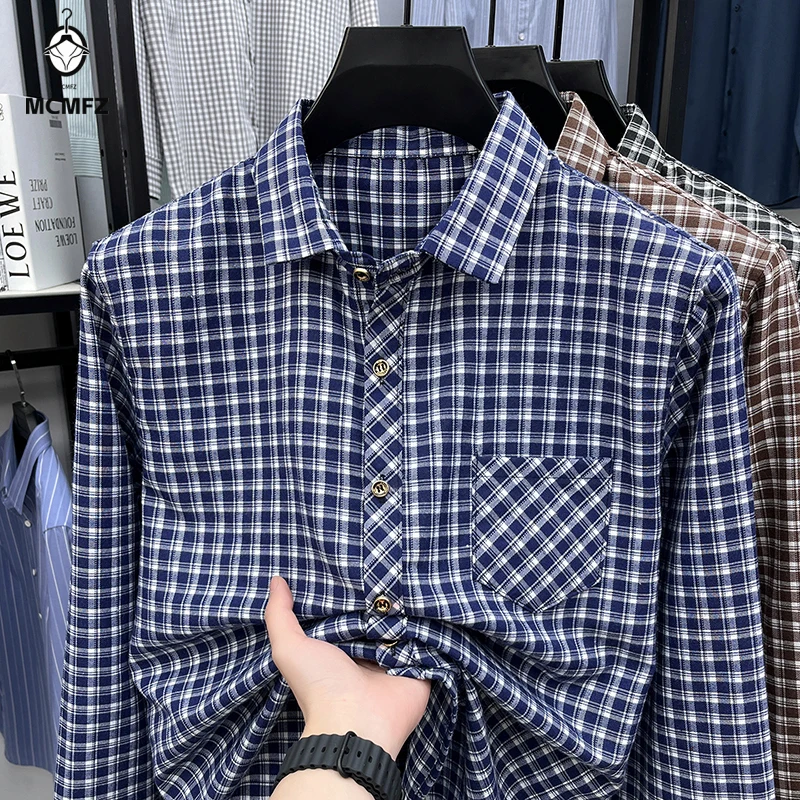 Mens Check Shirt Long Sleeve Casual Loose Fit Button Front Lapel Collar Comfortable Lightweight For Outdoor Activities