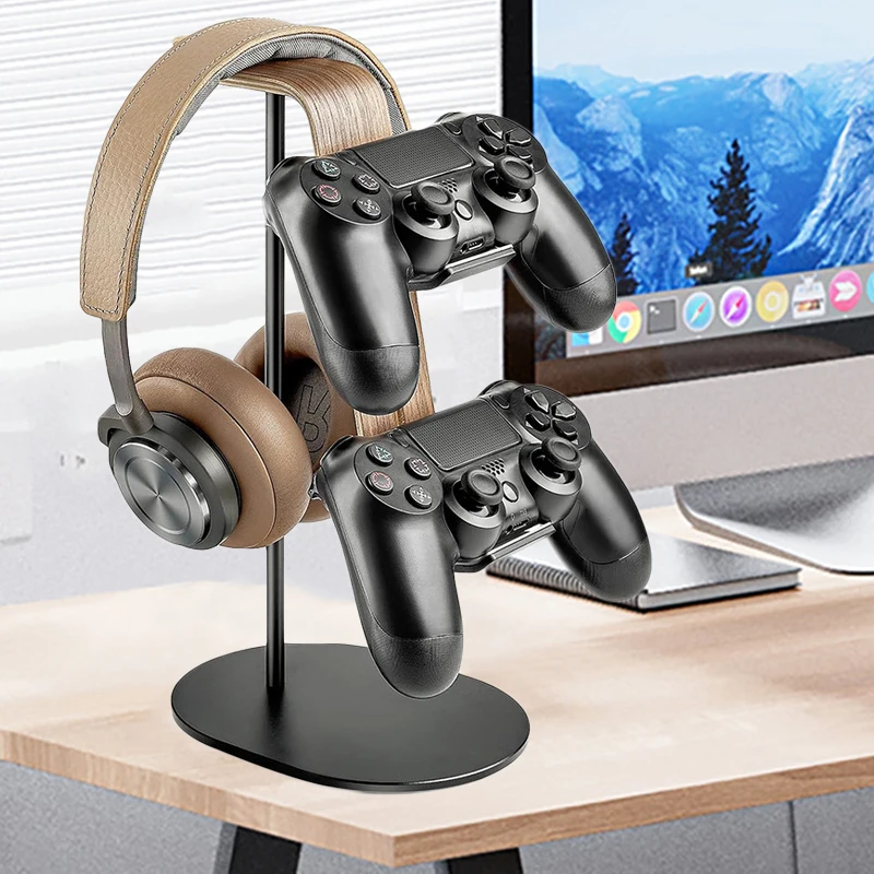 

2in1 Universal Headphones Stand Wood+Aluminum Alloy Headset Hanger Gaming Handle Holder Bracket Display Shelf for PS5/PS4/XBOX