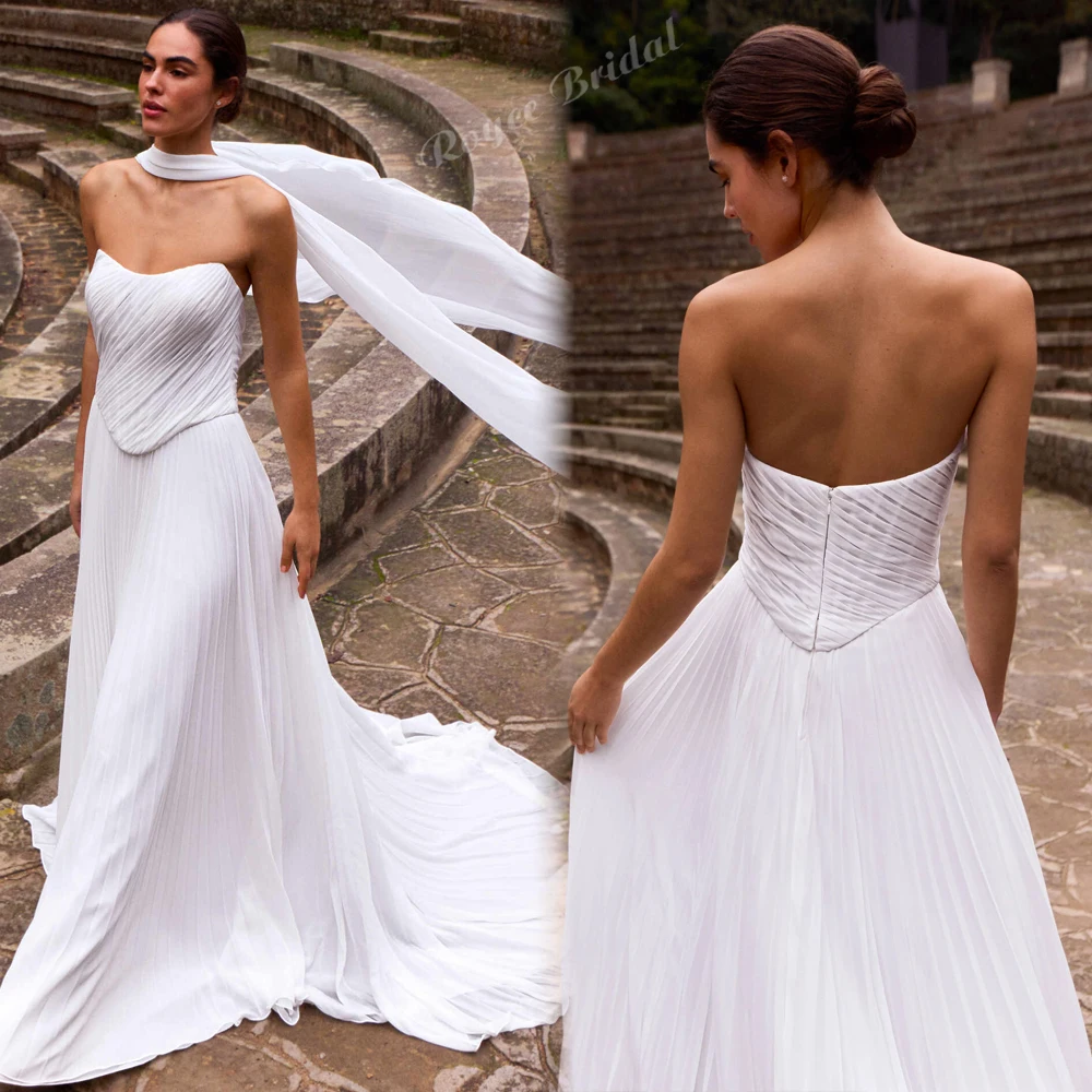 Strapless A Line Wedding Dresses 2026 Detachable Shawl Pleated Chiffon Plus Size Beach Bridal Gown Customized vestido de novia