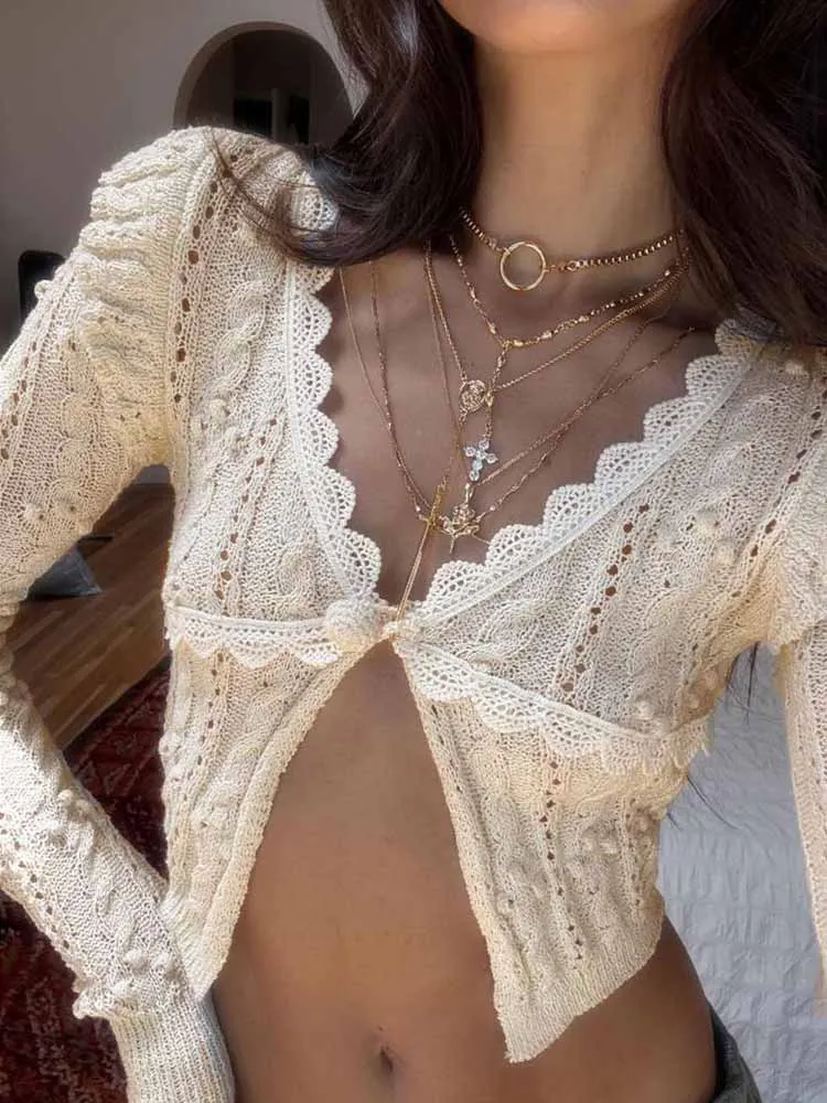 

MCDV Sexy Hollow Knit Cardigan Women Lace Patchwork V-Neck Single Button Full Sleeve Elegant Y2K Sweater Crop Tops 2025 Autumn