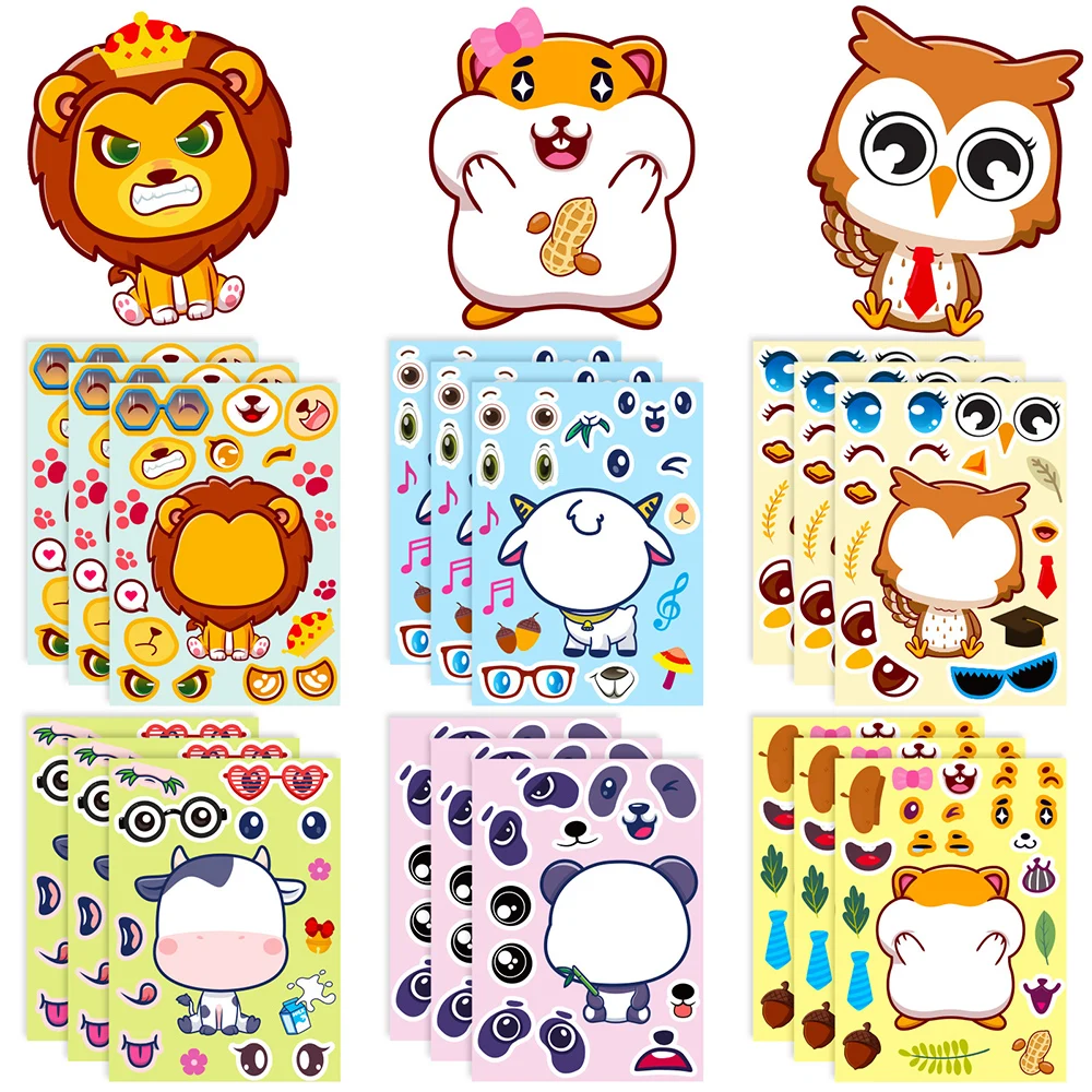 6/12Sheets Animal Make A Face Puzzle Stickers Kids Lion Owl Panda Make Your Own DIY Game Children Cartoon Jigsaw Education Toys