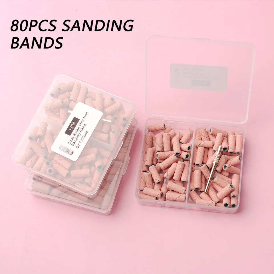 Caja de 80pzas Bandas de Lijado Rosadas 3.1mm Mini Kits de Fresas para Uñas Mandriles Accesorios Eléctricos de Manicura Herramienta Quitacutículas 3