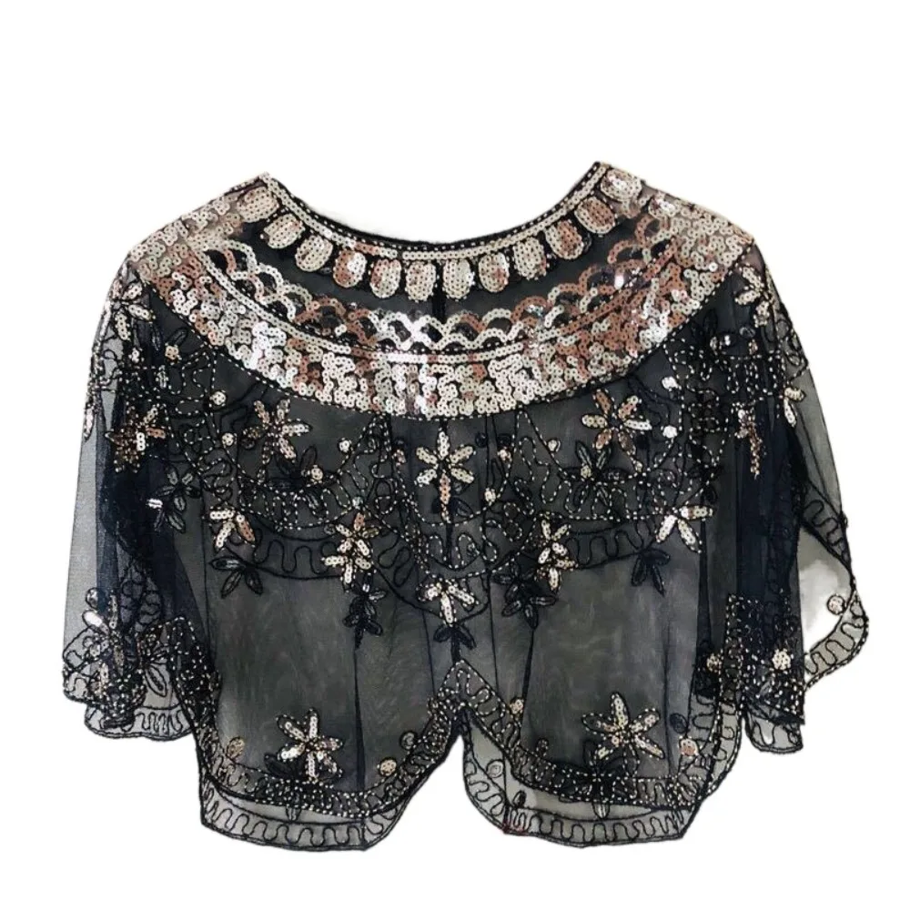 

Elegant Mesh Lace Shoulder Yarn Transparent Sequins Wedding Scarves Shawl Embroidery Flower Solid Color Evening Capes Bridal