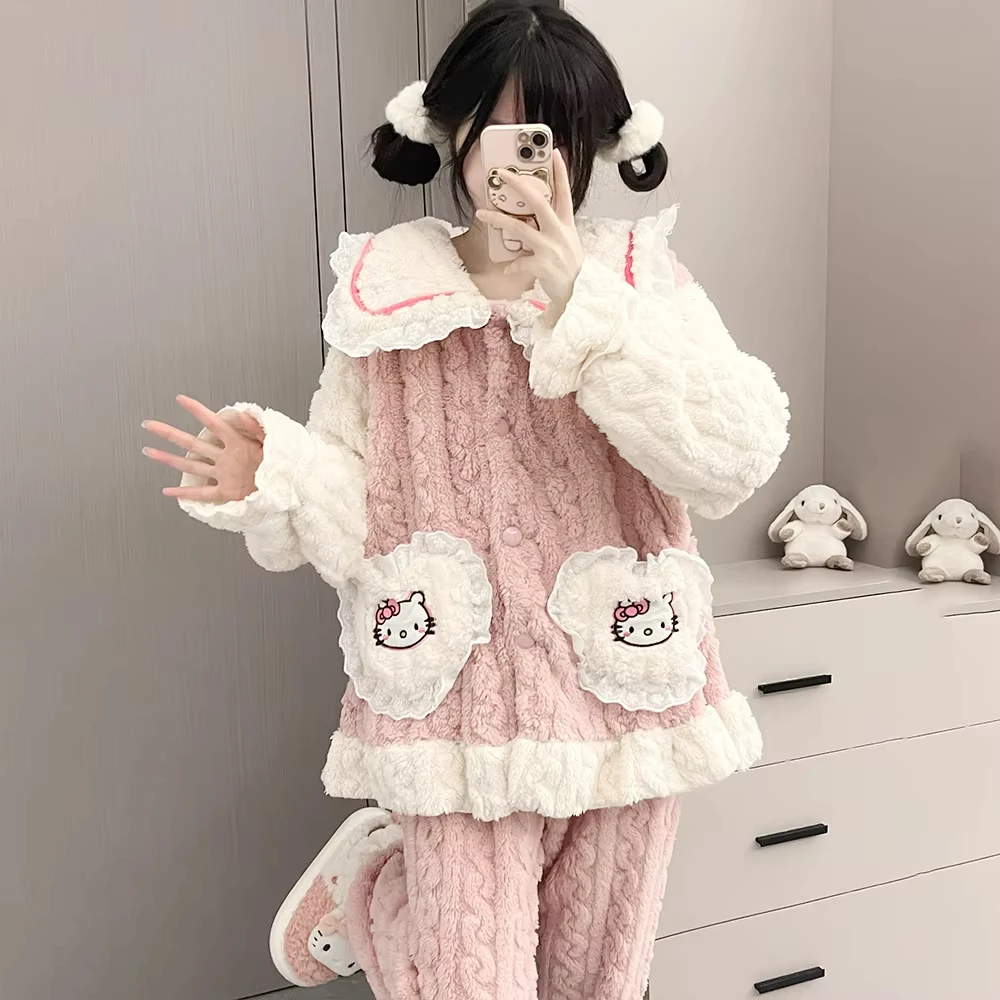 

Anime HelloKitty Nightwear Women's Winter Coral Velvet Thickened Student Girl Cartoon Sweet and Cute Princess Style Home Clothes