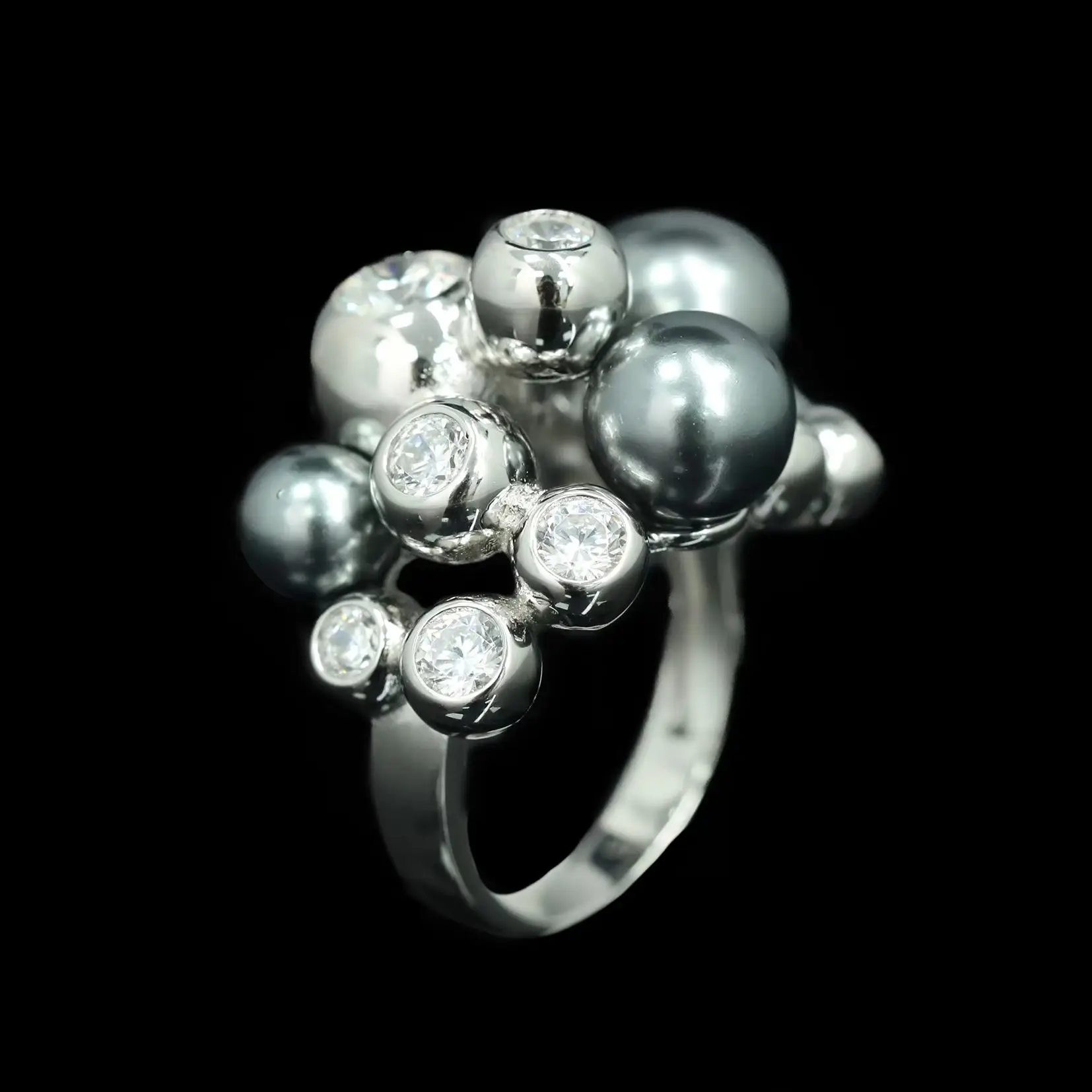 Luxury Gray Pearl Cluster Cocktail Ring 925 Sterling Silver Statement Fine Jewelry for Women's Engagement Proposal Birthday Gift