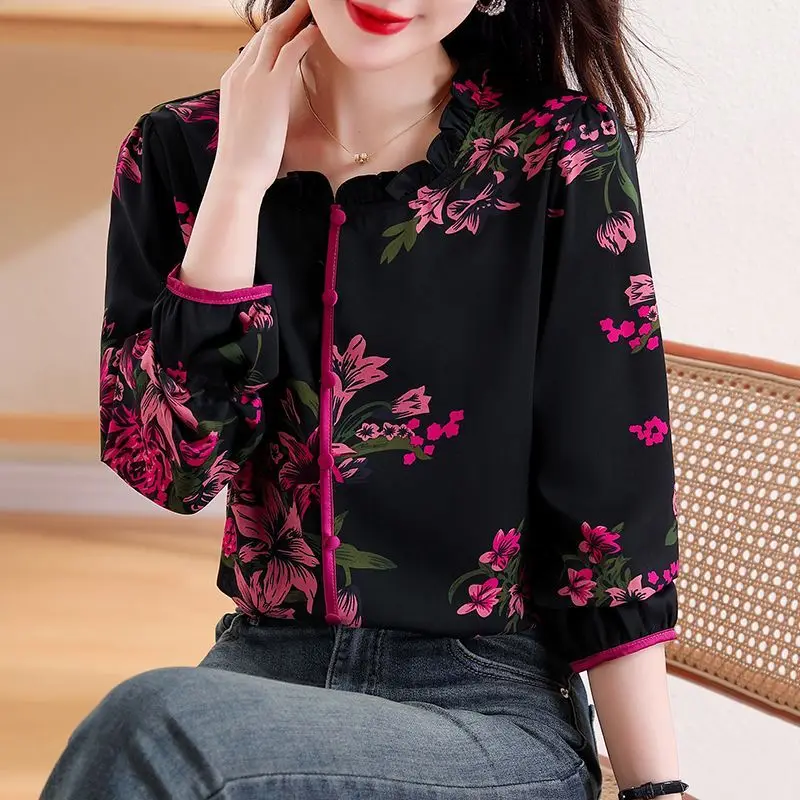 Women\'s Long Sleeved Spring and Autumn New Print Versatile Pullover Loose Temperament Chinese Style Top Chiffon Blouses Shirt