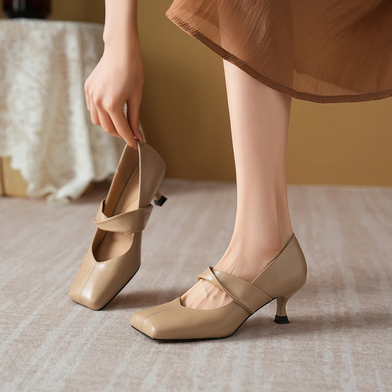Women's Square-Toe Mid Kitten Heel Mary Jane Pumps, Elegant Cross Strap Dress Shoes for Office & Evening Wear