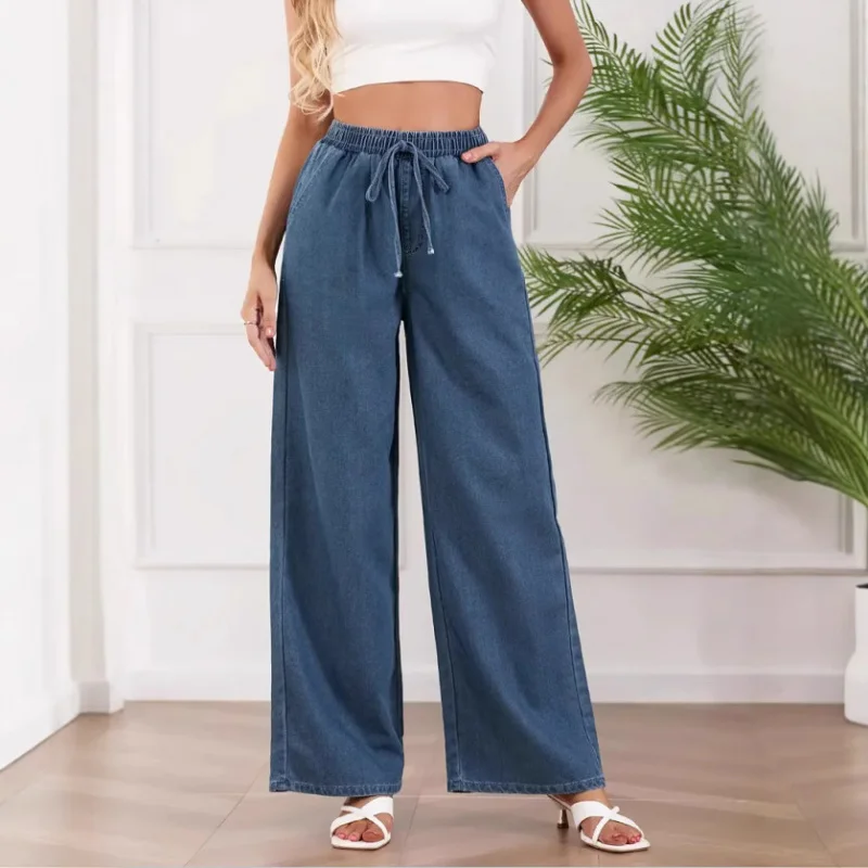 جينز أزرق نسائي خفيف الوزن عالي الخصر للتخسيس فضفاض بنطال ذو قصة أرجل واسعة تأثير الساق طراز كوري مريح أوروبي و #3