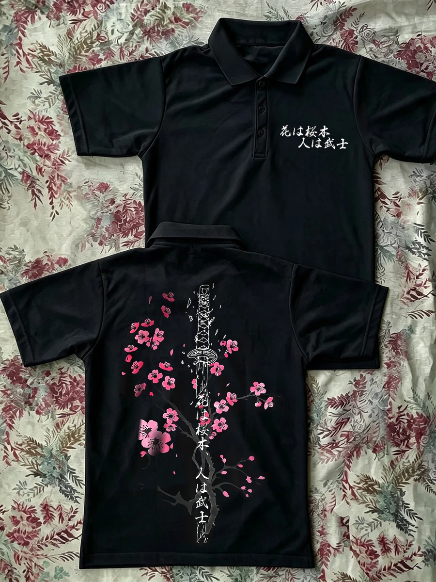 Polo Shirts Minimalist Sakura Cherry Blossom Graphic Aesthetic Y2k Men's Golf Shirt Streetwear Harajuku Japanese Short Sleeve
