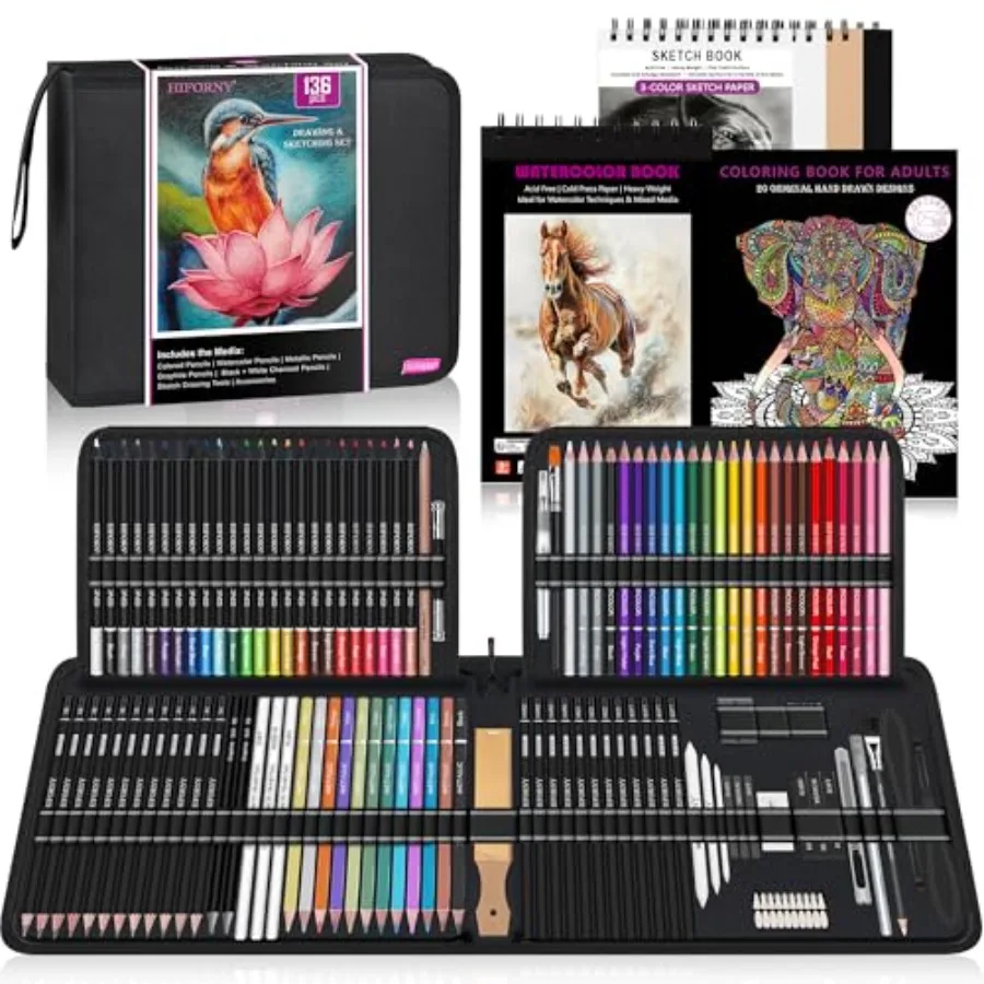 

136 PCS Drawing and Sketching SetPro Art Supplies with Graphite Charcoal Colored Watercolor Metallic Pencils Blending Tools Ske