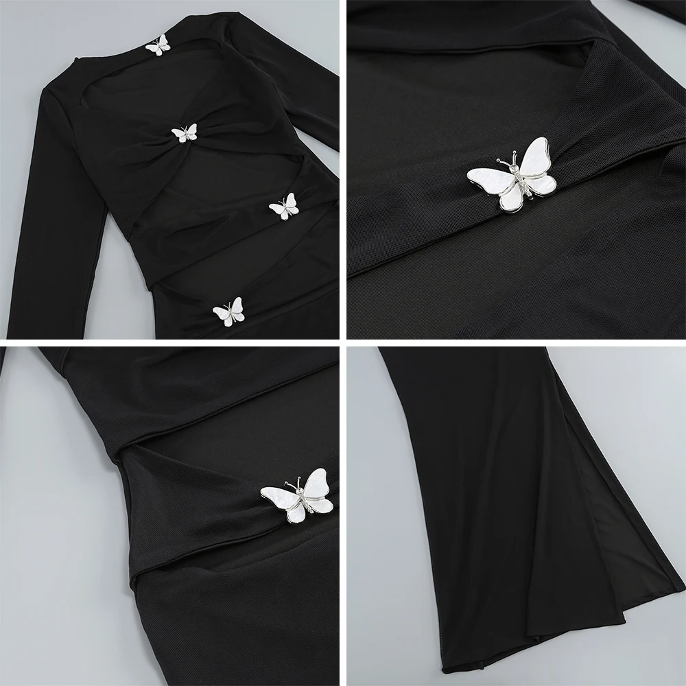 Sexy Long Sleeve Cut Out Split Butterfly Bodycon Maxi Dresses Formal Cocktail Evening Party Dress Black Prom Gown Woman Clothing