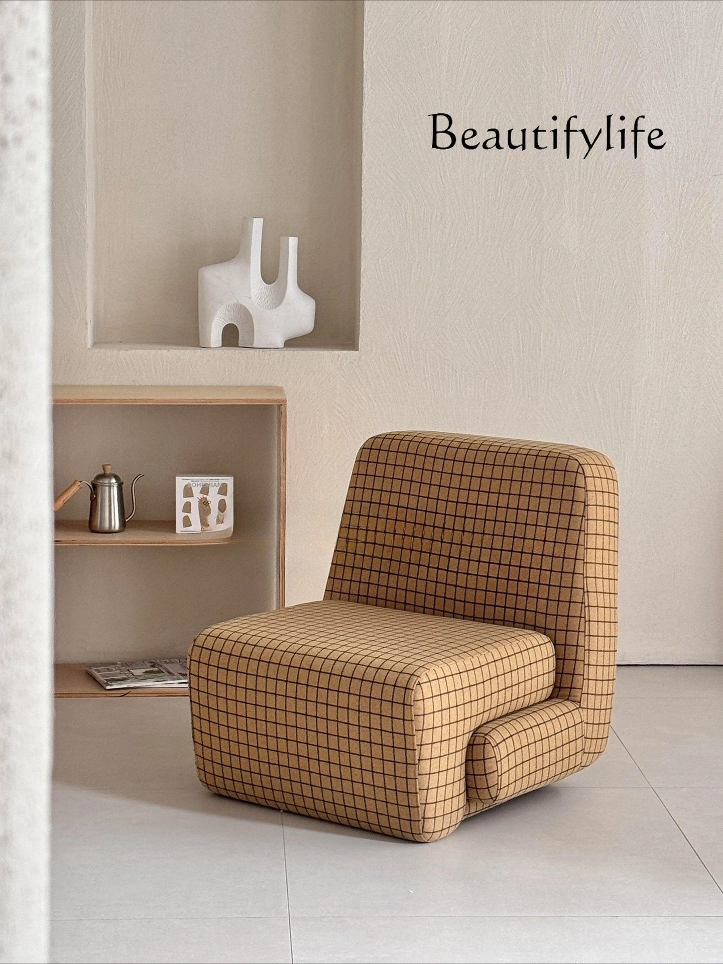 

Retro niche plaid single sofa chair living room casual fabric sofa chair cream style fashion