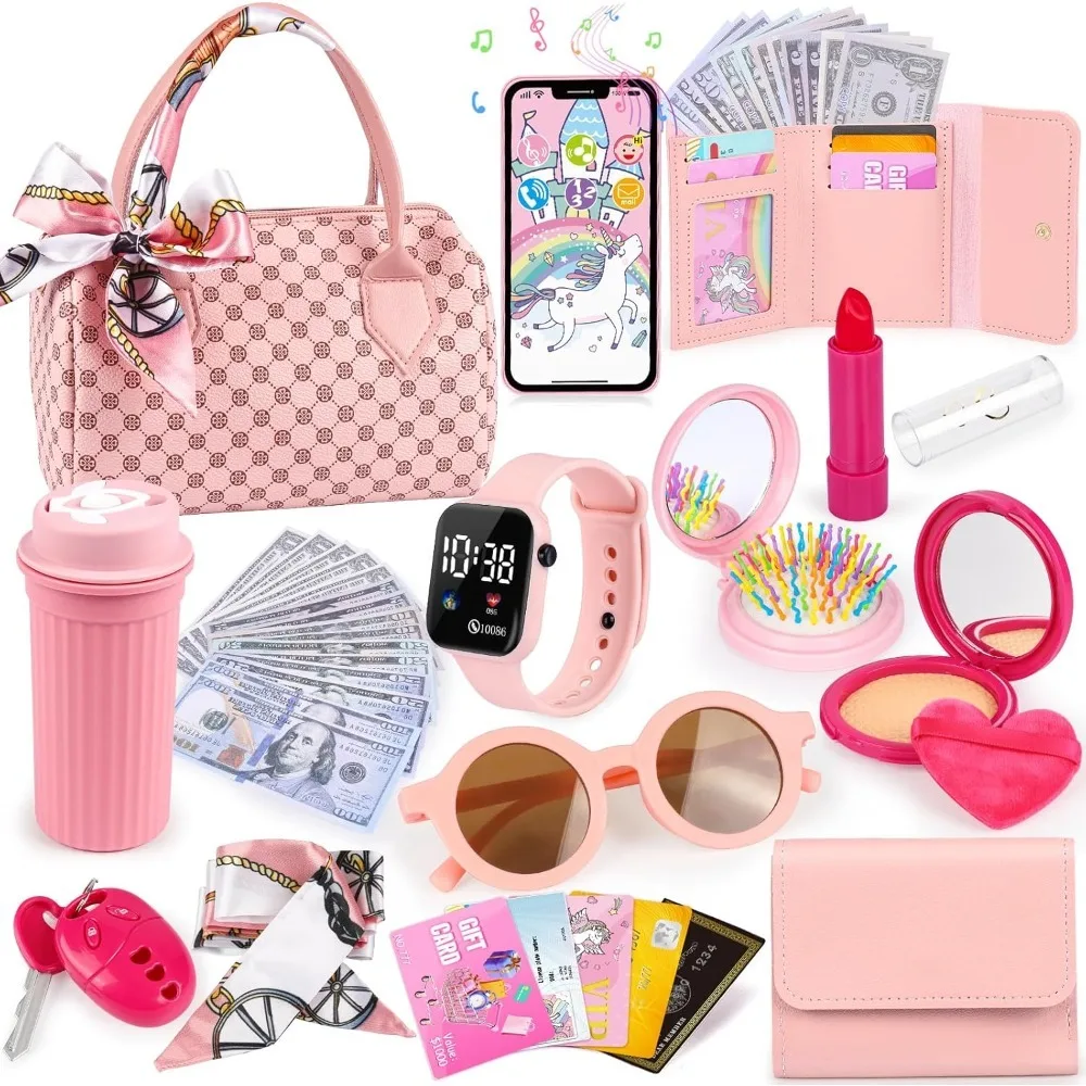 

Kids Play Purse for Little Girls Toddlers Pretend Makeup Toys with Wallet Phone Wristwatch Silk Scarf Birthday Christmas Gift