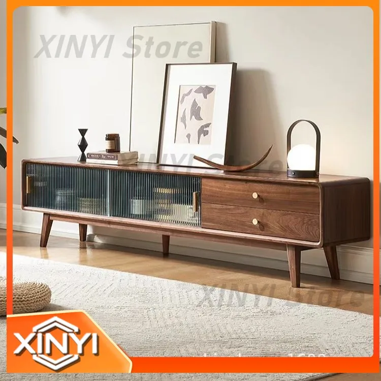 Solid Wood TV Stand for Living Room Nordic Style Sliding Door Glass Storage Cabinet for Small and Large Apartments