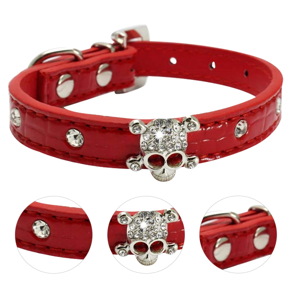 

Rhinestone Dog Collar Adjustable PU Halloween Style Pet Necklace Chain Skull Red Small Stylish Puppy Collars Dog Supplies Water