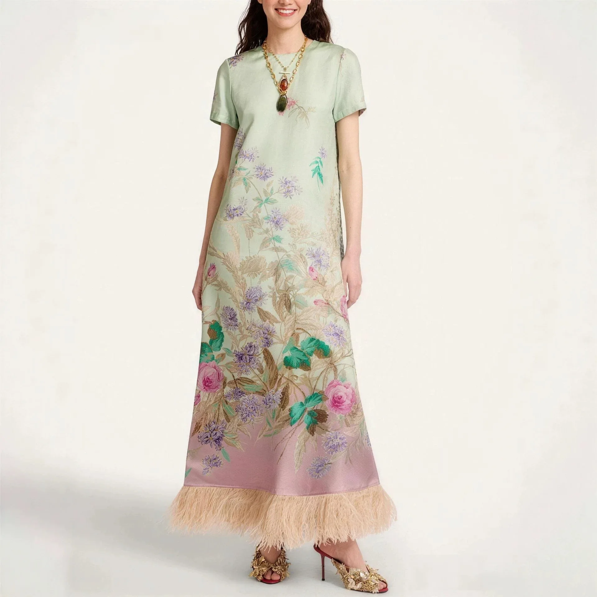 2026 Loose Short Sleeve Positioning Print Degree Satin Dress Women's Spring and Summer Feather Dress Дънкови Дрехи Деним Платье
