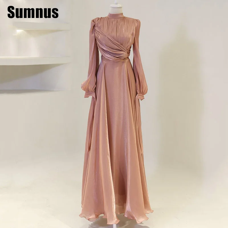 

Sumnus Elegant A-Line Pink Party Dresses Sexy Long Sleeves Pleats Floor-Length Sweetheart Formal Gowns فساتين سهرة Customized