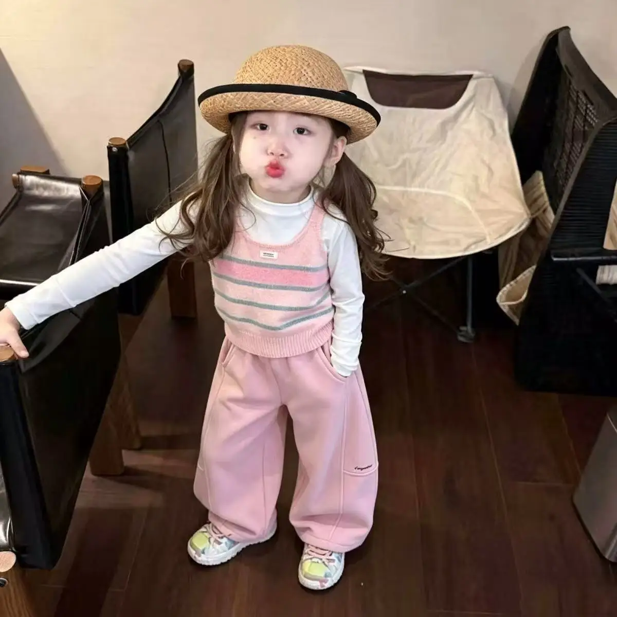 Girls' Spring and Autumn Set New Children's Sweet Striped Knitted Tank Top Wide Leg Pants 3-Piece Set