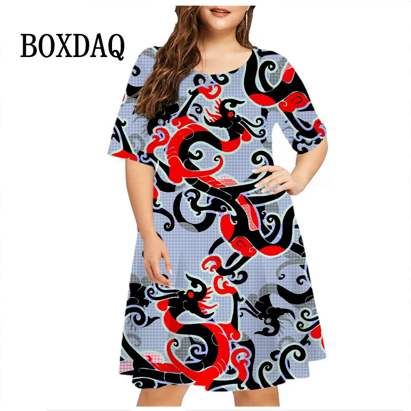 Chinese Dragon Dress Women Painting Fantasy 3D Dragon Print Dress Summer Casual Short Sleeve A-Line Party Dress Loose Plus Size