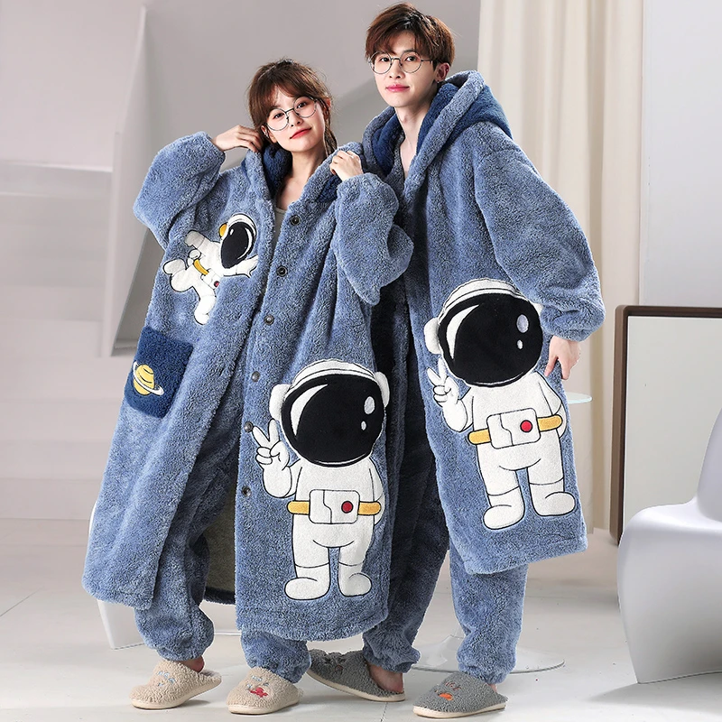 Couples Night-robe Pajamas Women Men Cartoon Astronaut Hooded Robe Winter Coral Velvet Men Pijama Thick Plush Kawaii Robe