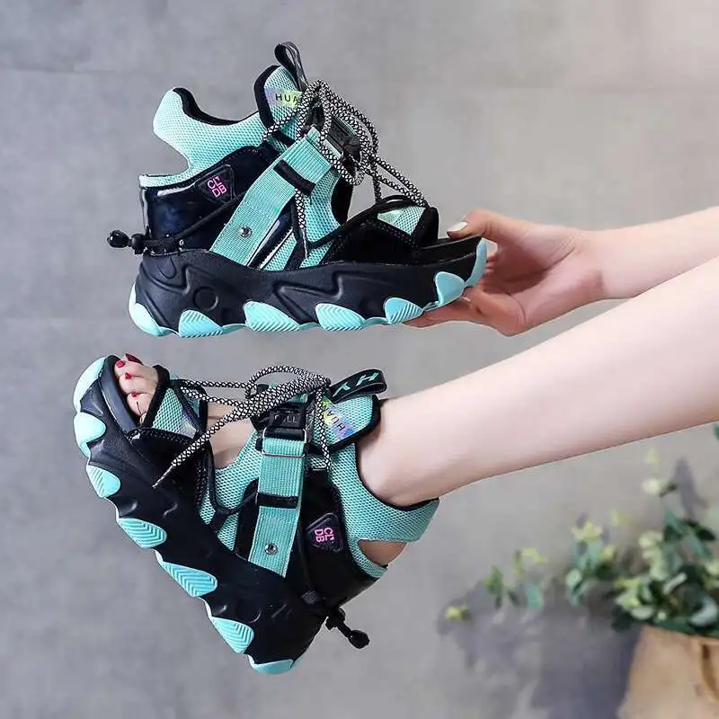 

High Heel Wedge Gladiator Sandals For Women 2025 Summer New Style Color Block Peep Toe Fashion Thick Sole Hidden