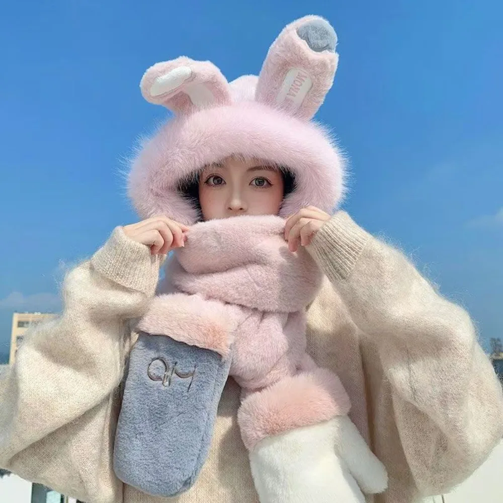 

2024 Thickened Plush Hat Scarf Gloves Set Cute Rabbit Ear Winter Warm Women Beanies Cap Integrated Cap Scarf Outdoor