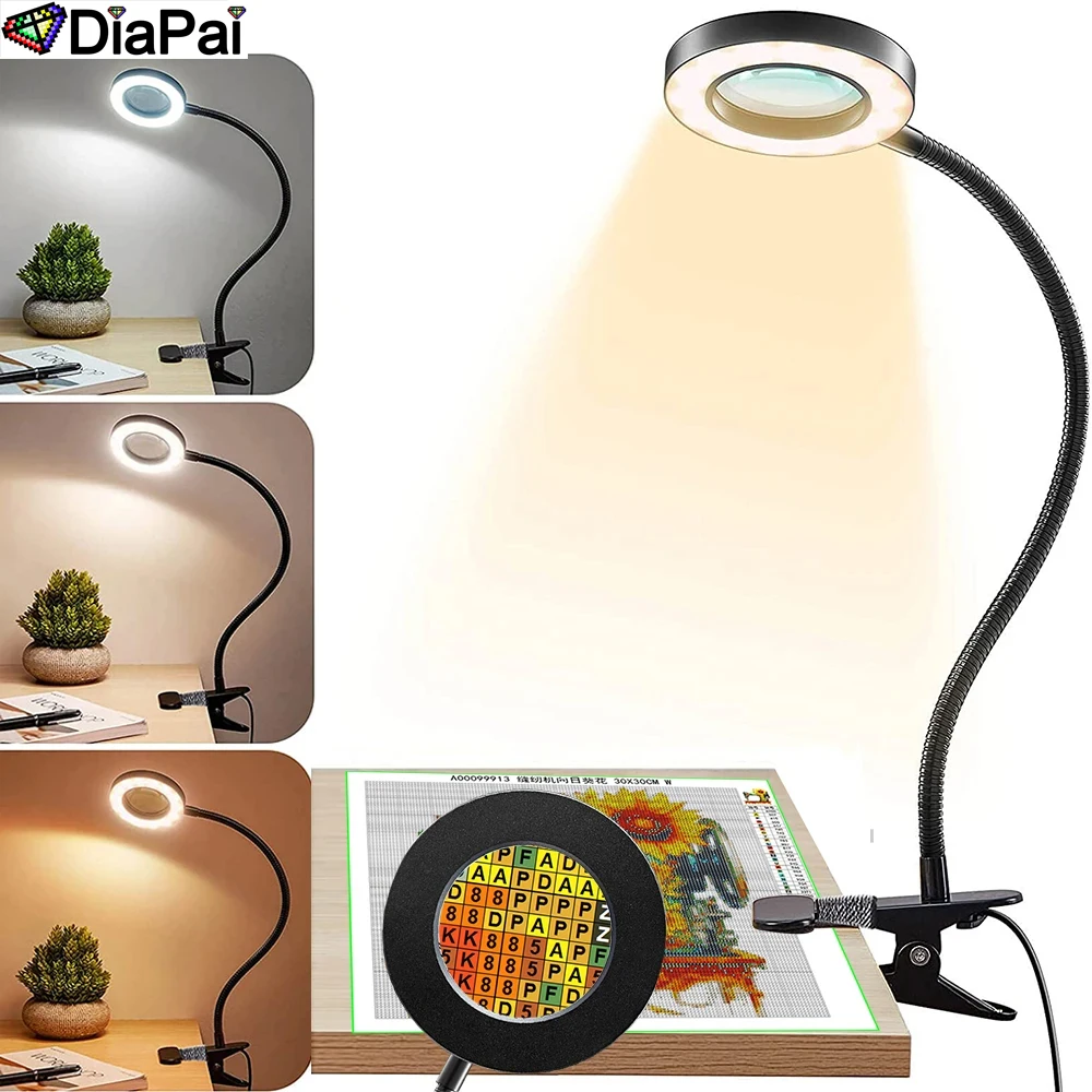 DIAPAI 5X Magnifying LED Desk Lamp - 3 Color Modes, 10 Brightness Levels, USB Powered, Perfect for Diamond Painting, Reading