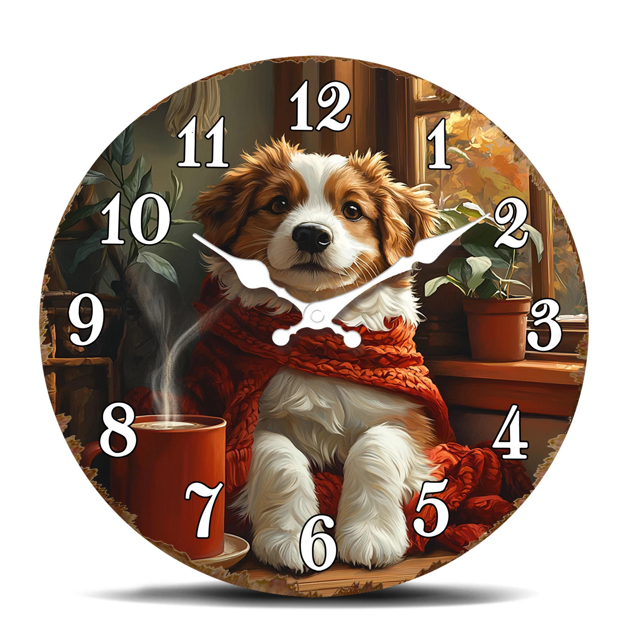 Niedliche Welpen-Wanduhr mit Schal, runde Wanduhr mit gemütlicher Winterszene, herzerwärmende Uhr für Tierliebhaber und Heimdekoration