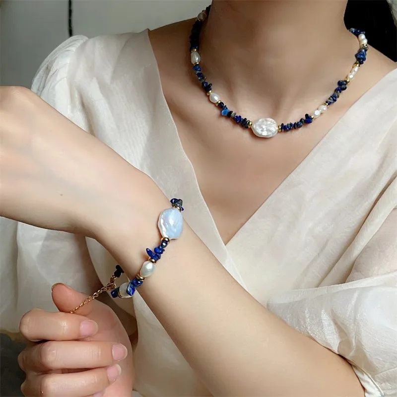 New Arrival Elegant Irregular lapis lazuli Stone Natural Freshwater Pearl 14K Gold Filled Female Jewelry Sets Necklace Bracelet