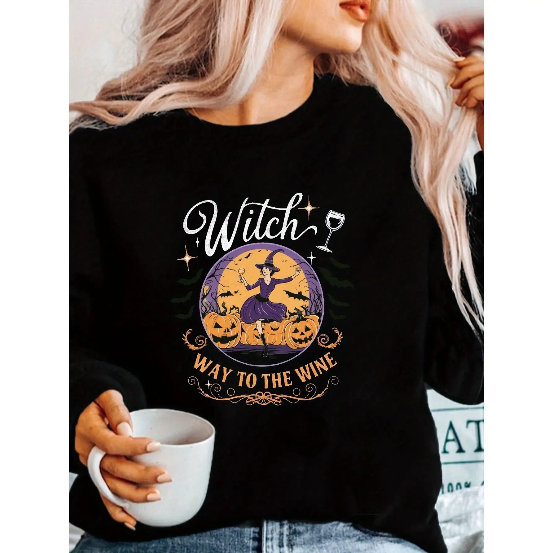 

Witch Way To The Wine Halloween Sweatshirt Funny Graphic Wine Lover Crewneck Pullover Witchy Gift Top