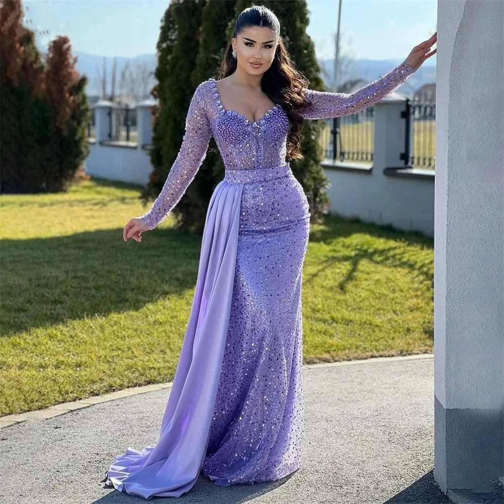 Purple Sequined Sweetheart Prom Dresses Mermaid Crystal Long Sleeves Evening Gowns Floor Length Wedding Guest Dresses