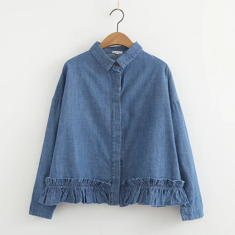 

Sweet Ruffled Long Sleeve Shirt Women's Versatile Loose Denim Shirt