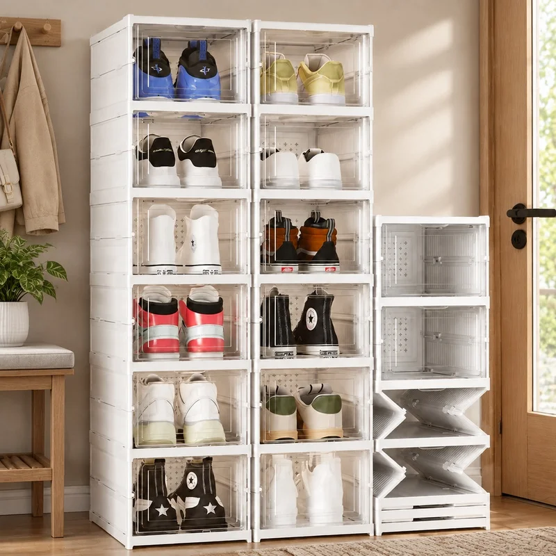 Clear Foldable Shoe Storage Box with Three Layers, Stackable and Dustproof for Sneakers