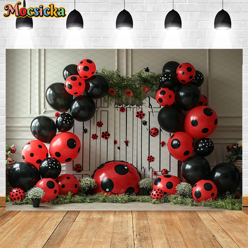 Mocsicka Birthday Party Photography Background Cake Smash Kid Portrait Crushed Beetle Seven-Spotted Ladybug Decor Photo Backdrop - view 4