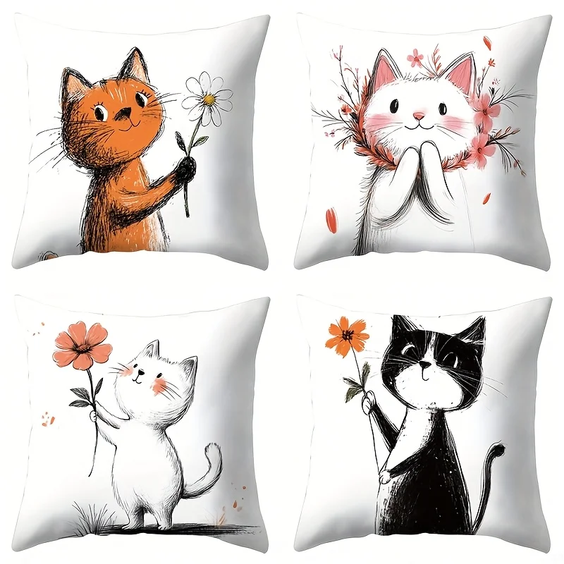 4pcs cute cat and the flowers Single-sided printing Short plush Suitable living rooms bedrooms sofas (excluding pillow cores)