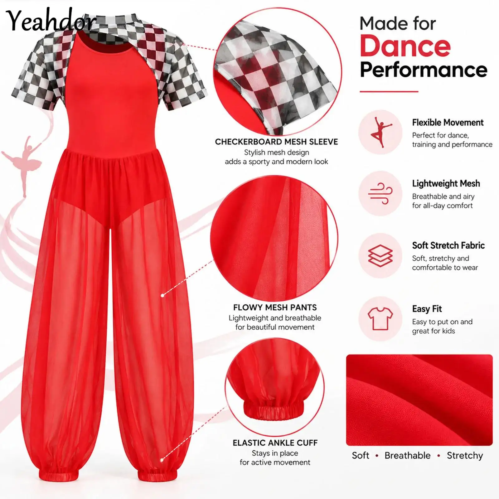 Kids Girls Halloween Racer Costume Hip Hop Jazz Street Dance Outfit Checkerboard Mesh Crop Top +Sleeveless Elastic Leg Jumpsuit
