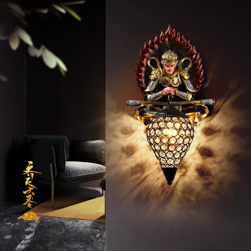 New Chinese style  Sun Wukong wall lamp living room corridor bedroom bedside lamp decoration  monkey crystal wall lamp