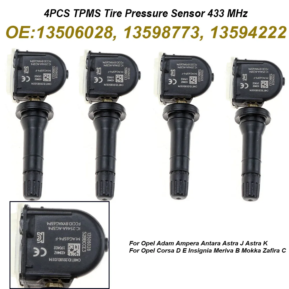 

4 шт. 13506028 13598773 13594222 Датчик давления в шинах TPMS 433 МГц, высокое качество для Opel Adam Ampera Antara Astra J Astra K