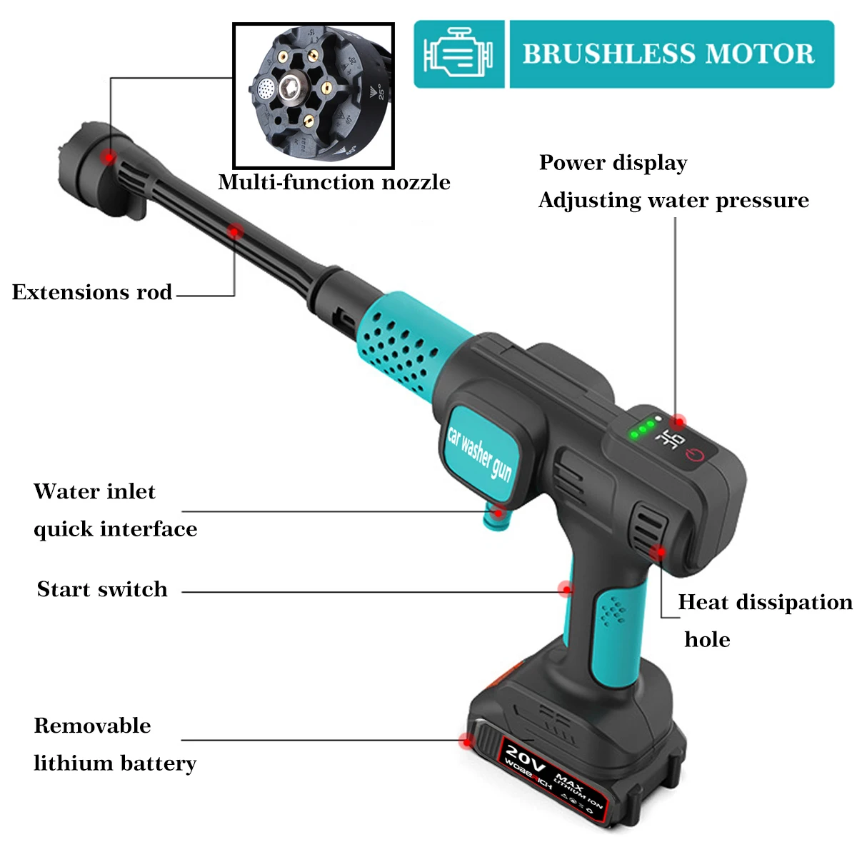 280Bar 4Gears Brushless Electric High Pressure Washer Cordless Car Washing Gun Water Gun Digital Display for Makita 18V Battery