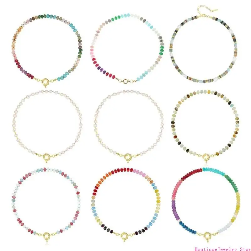 E1PE Adjustable Length Necklace Colorful Stone Necklace Fashion Jewelry for Daily