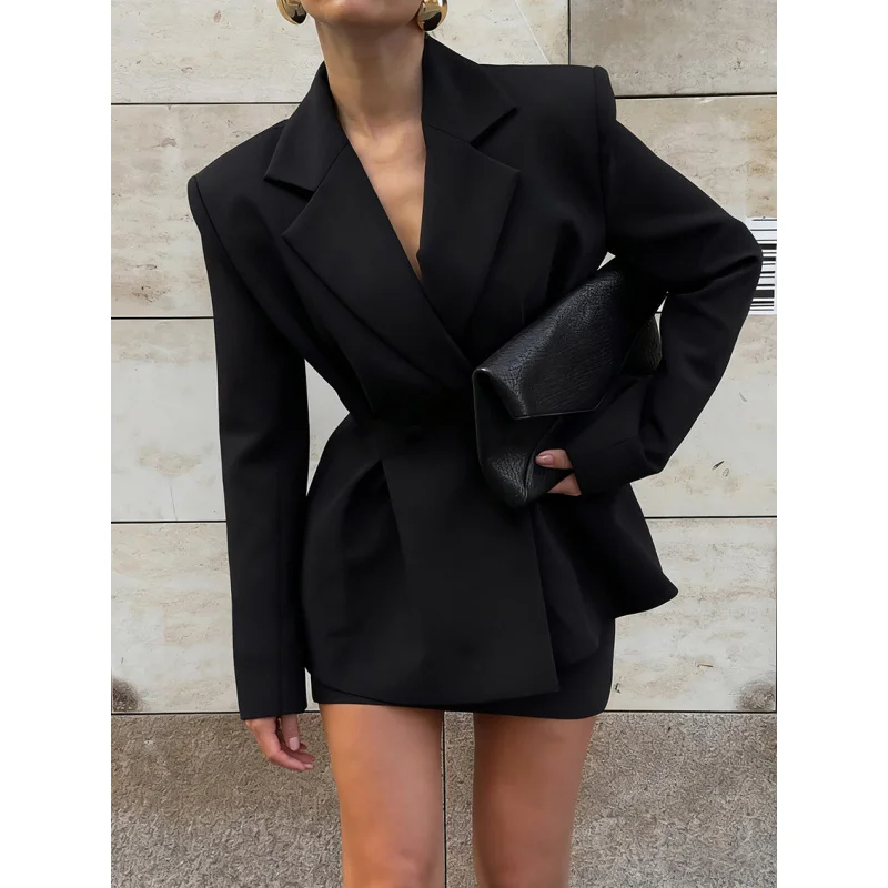 Women's Slim Fit Two-Piece Set High-End Feeling Commuting Pure Desire Long Sleeved Waist Cinched Suit Top And Short Skirt