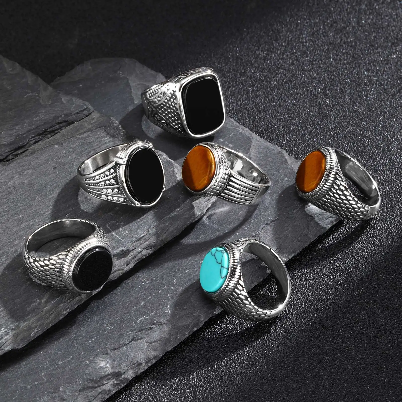 Geometric Turquoise Tiger Eyes Natural Stone Ring for Men, Chunky Stainless Steel Signet Rings, Fashion Punk Finger Jewelry Gift - view 3