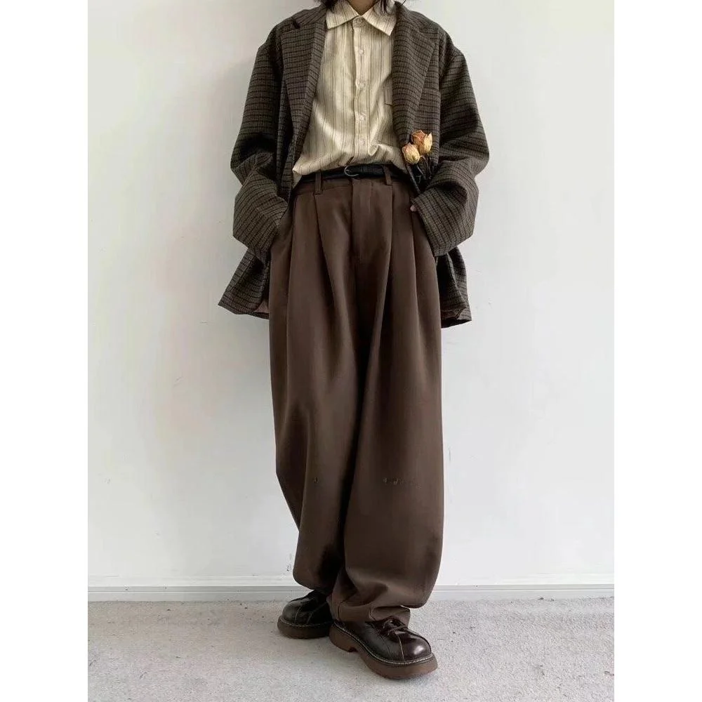 

Cé Brown Wide Leg Straight Cut Casual Trousers Men's Women's Faionable Loose Long Pants Busin Gentleman Sle Polyeste...