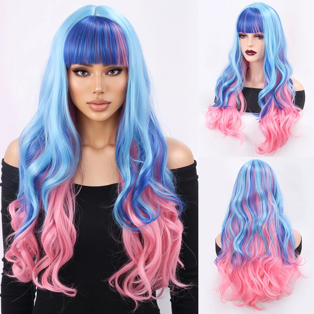 Cross Border Wig for European and American Women, Blue Pink Gradient Bangs, Wavy Long Curly Hair-Synthetic Fiber Wig