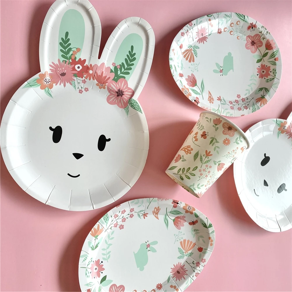 Happy Birthday Decoration Rabbit Bunny Egg Shape Cup Plate Easter Party Decor Disposable Tableware Party Favor