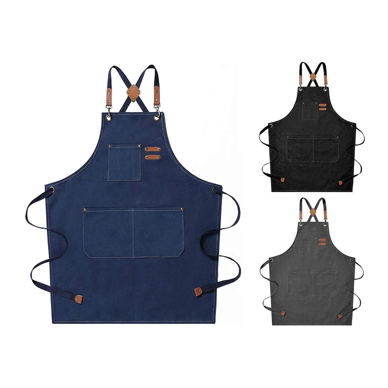 Chef Apron, Cotton Canvas Cross Back Apron With Adjustable Straps And Large Pockets,M To XXL